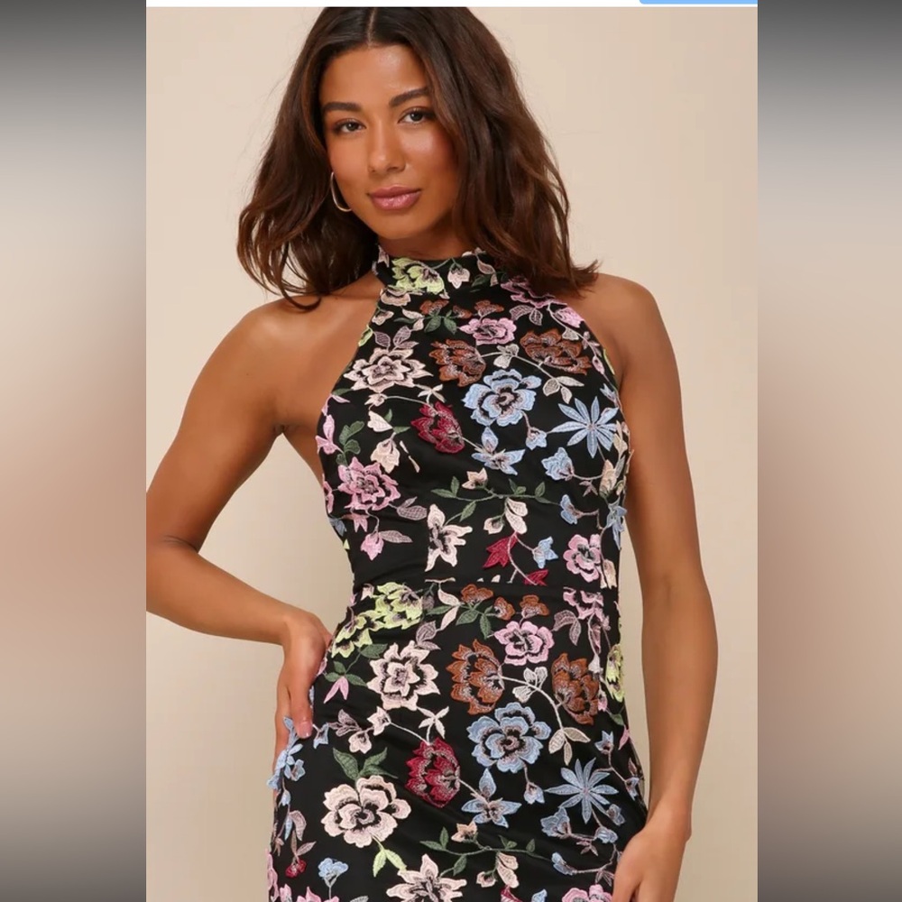 NWT Lulus Infinite Praise Black 3D Floral Embroidered Halter Maxi Dress S , L - Picture 4 of 8